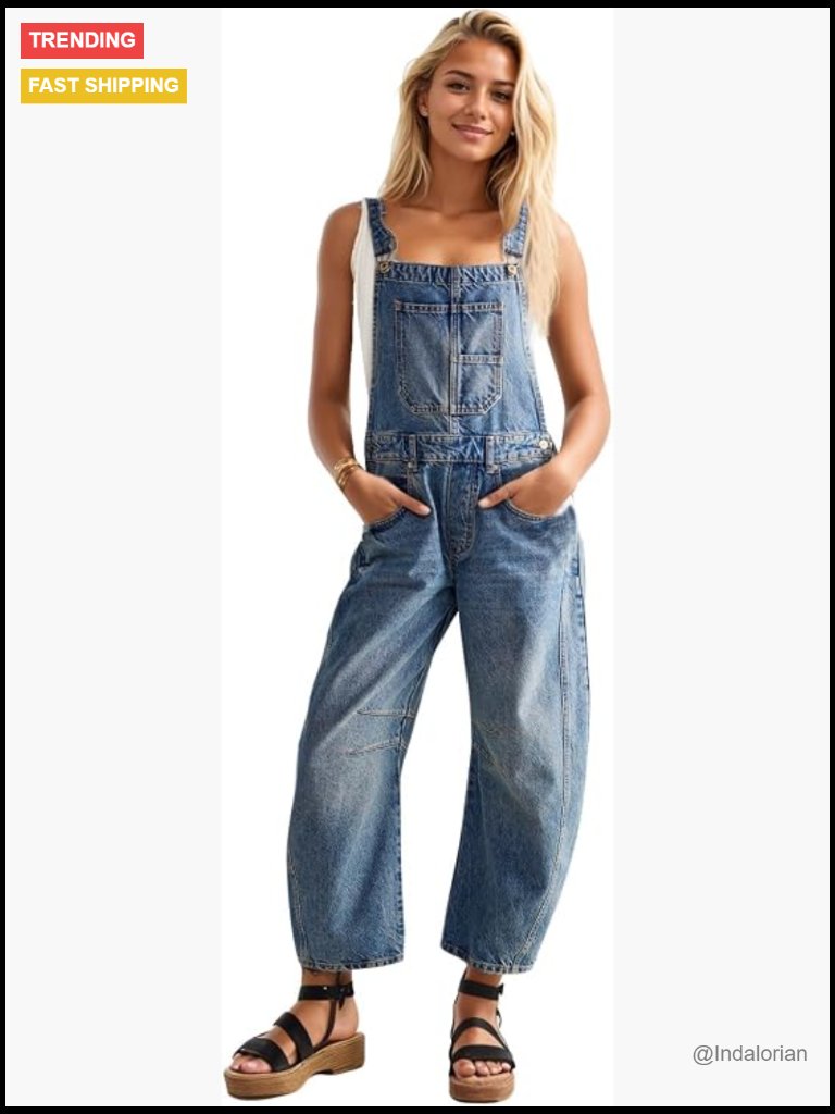 Denim Barrel Leg Bib Overalls Adjustable Straps Jumpsuit Casual Loose Fit